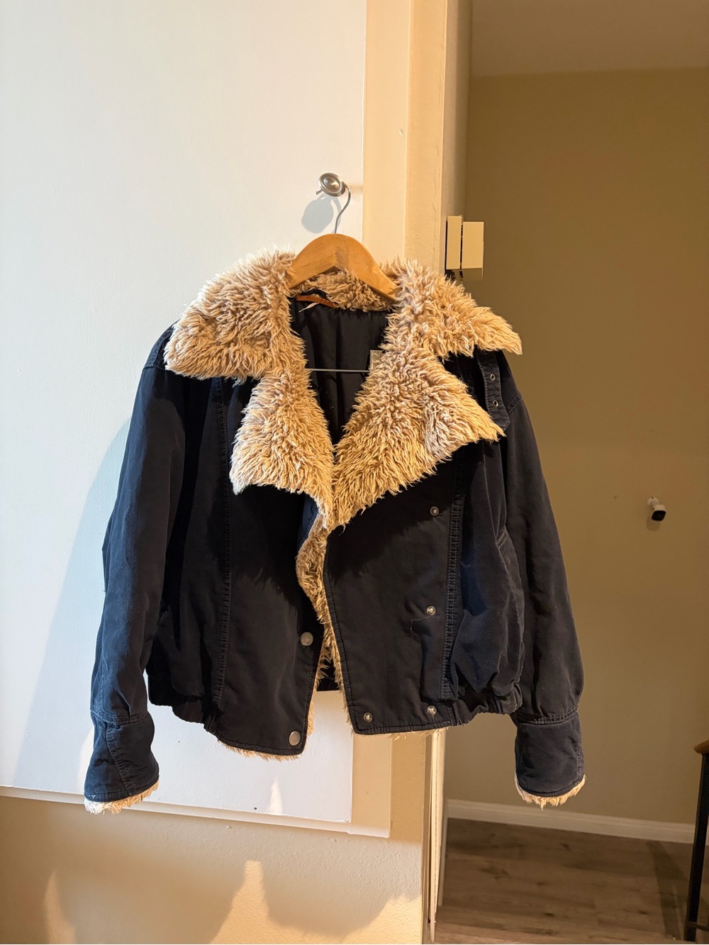 Free People Black Teddy Jacket with Cream Faux Shearling Collar